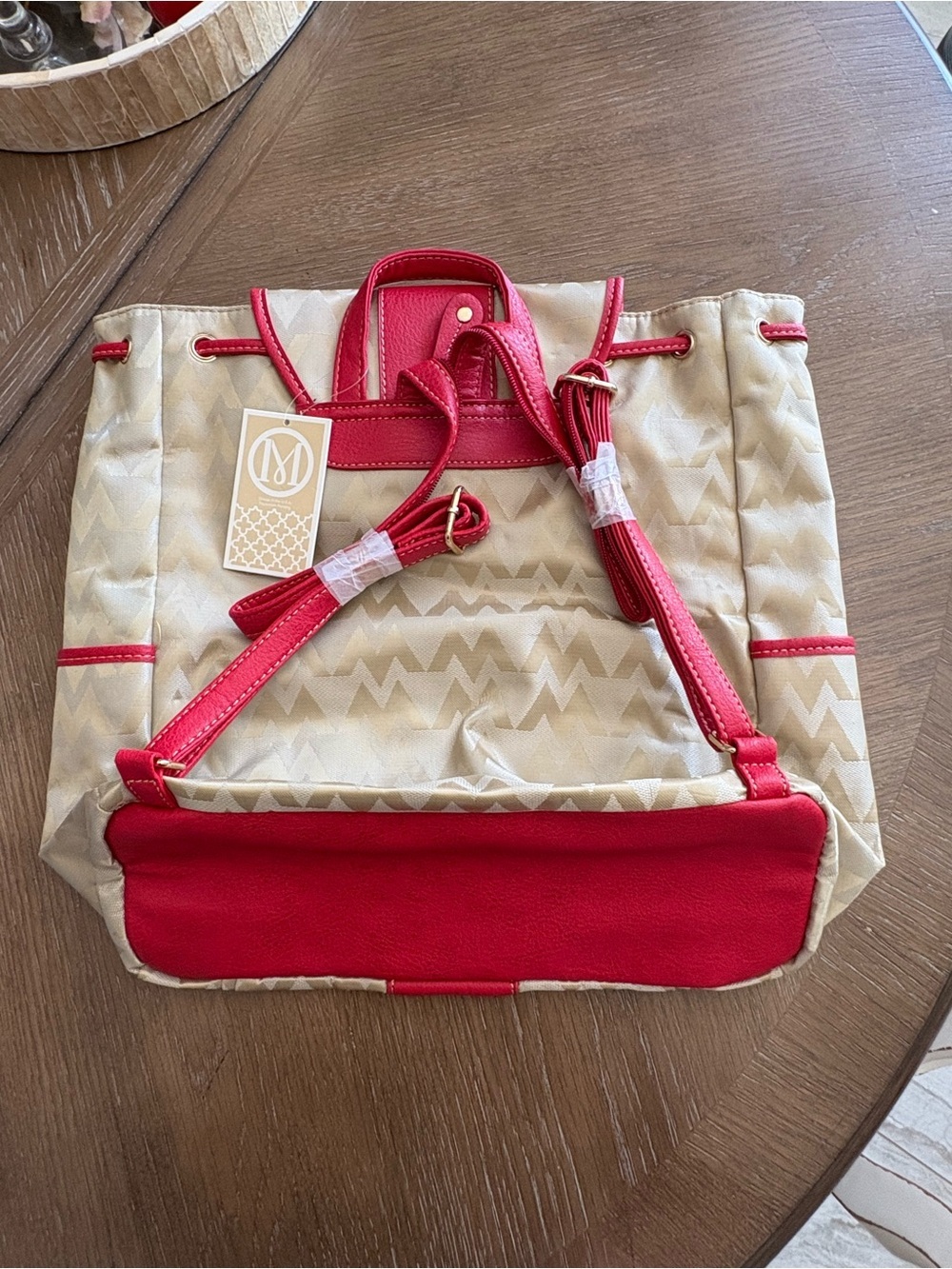 Beige and Red Signature Monogram Canvas Backpack